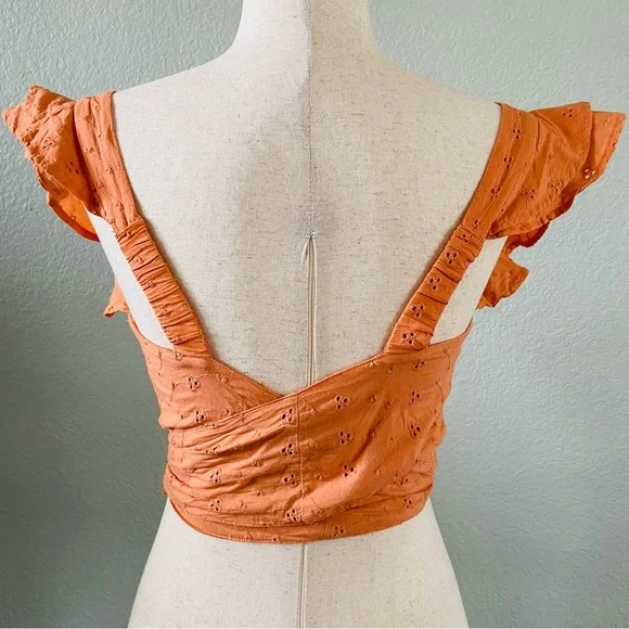 Japna Orange Eyelet Embroidered Vneck Ruffle Cap Sleeve Wrap Crop Top | Medium - Picture 3 of 7